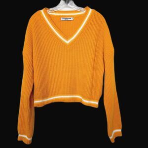 Cotton Emporium Gold Yellow Tennis Sweater V Neck White Contrast Chunky XL